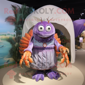 Lavender Hermit Crab mascot costume character dressed with a Vest and Keychains