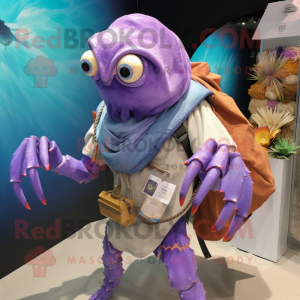 Lavender Hermit Crab mascot costume character dressed with a Vest and Keychains