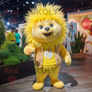 Lemon Yellow Porcupine mascot costume character dressed with a Shorts and Lapel pins