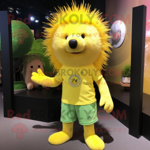 Lemon Yellow Porcupine mascot costume character dressed with a Shorts and Lapel pins