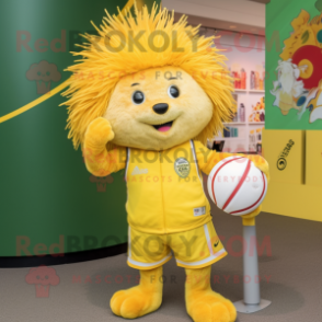 Lemon Yellow Porcupine mascot costume character dressed with a Shorts and Lapel pins