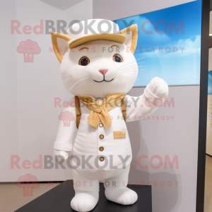 Cream Cat mascot costume character dressed with a Waistcoat and Caps