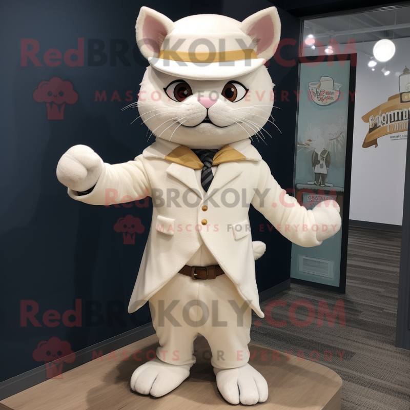 Cream Cat mascot costume character dressed with a Waistcoat and Caps Cream Cat mascot costume character dressed with a Waistcoat and Caps