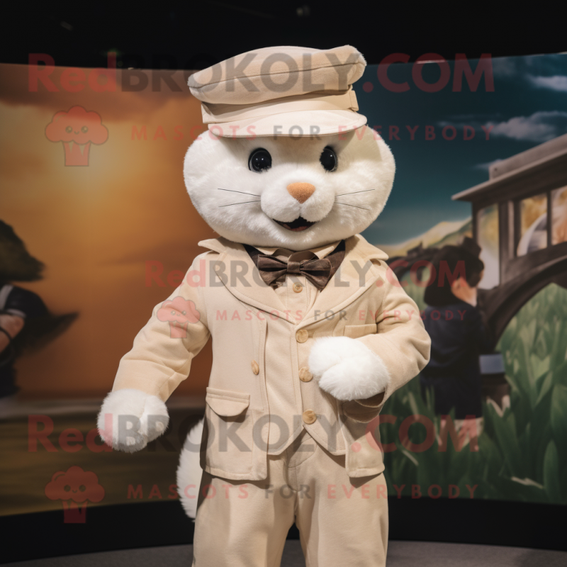 Cream Cat mascot costume character dressed with a Waistcoat and Caps