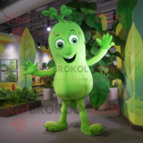 Lime Green Beanstalk mascot costume character dressed with a Bodysuit and Clutch bags