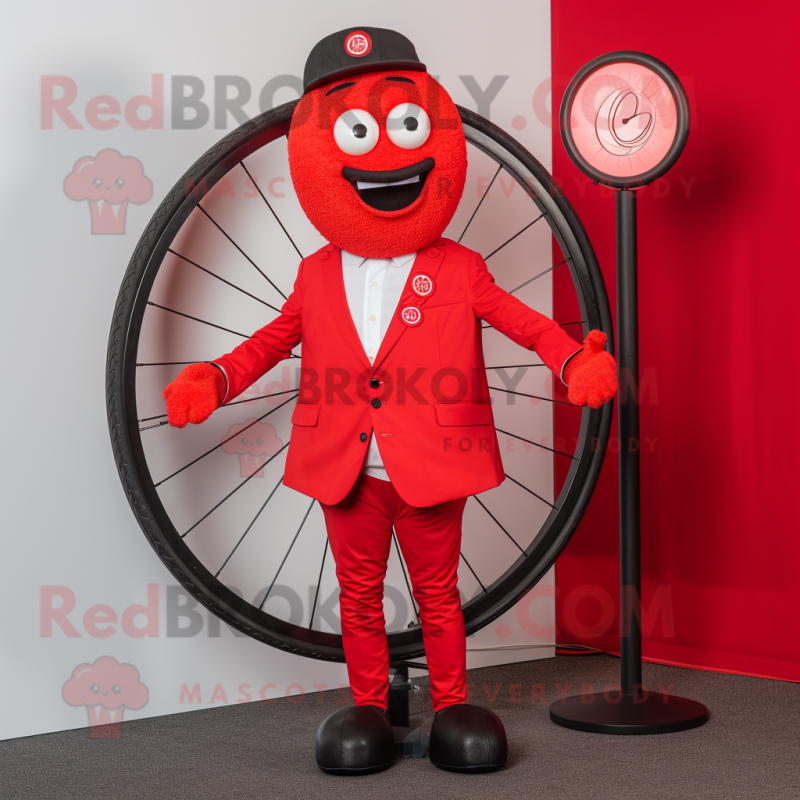 Red Unicyclist mascot costume character dressed with a Blazer and Lapel pins Red Unicyclist mascot costume character dressed with a Blazer and Lapel pins