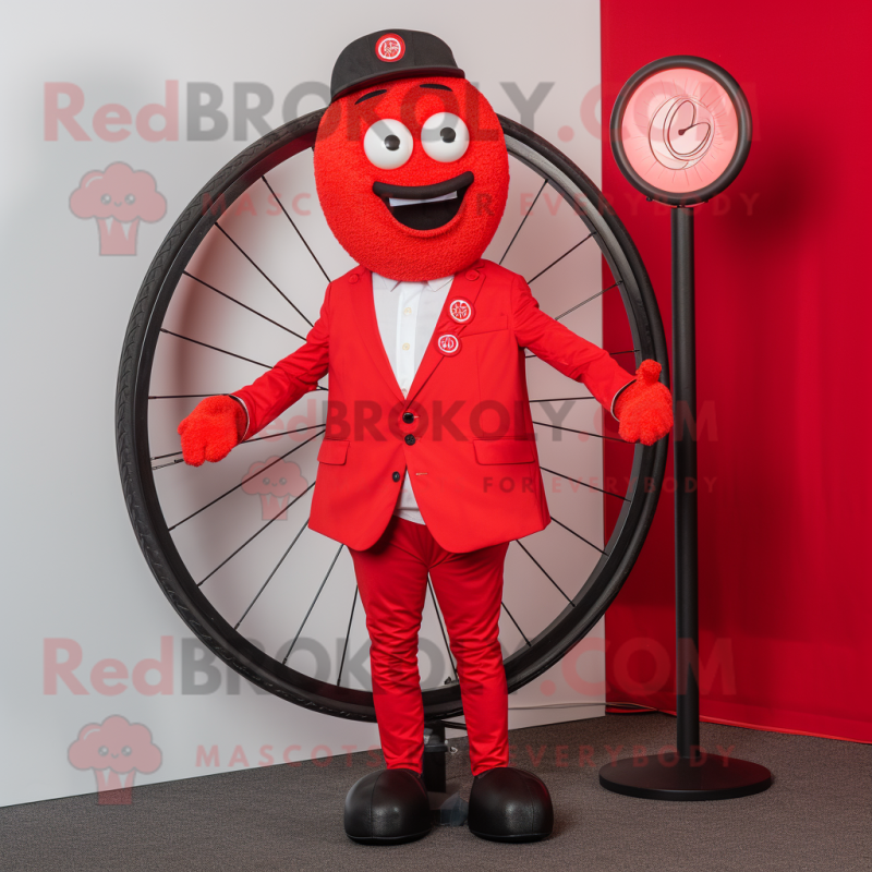 Red Unicyclist mascot costume character dressed with a Blazer and Lapel pins