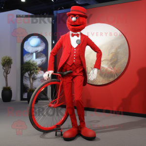 Red Unicyclist mascot costume character dressed with a Blazer and Lapel pins