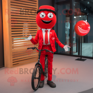 Red Unicyclist mascot costume character dressed with a Blazer and Lapel pins