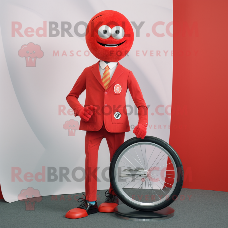 Red Unicyclist mascot costume character dressed with a Blazer and Lapel pins