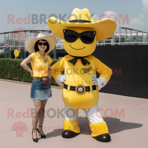 Yellow Cowboy mascot costume character dressed with a Mini Skirt and Sunglasses