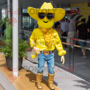 Yellow Cowboy mascot costume character dressed with a Mini Skirt and Sunglasses