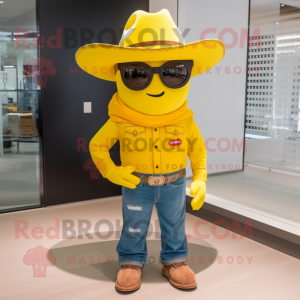 Yellow Cowboy mascot costume character dressed with a Mini Skirt and Sunglasses