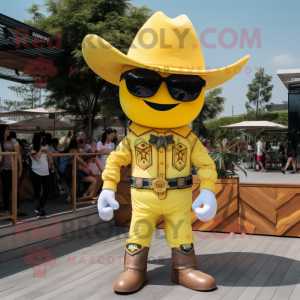 Yellow Cowboy mascot costume character dressed with a Mini Skirt and Sunglasses