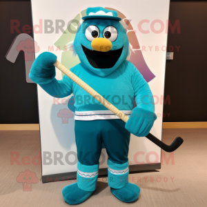 Turquoise Ice Hockey Stick mascot costume character dressed with a Corduroy Pants and Cufflinks