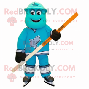 Turquoise Ice Hockey Stick mascot costume character dressed with a Corduroy Pants and Cufflinks