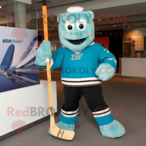 Turquoise Ice Hockey Stick mascot costume character dressed with a Corduroy Pants and Cufflinks