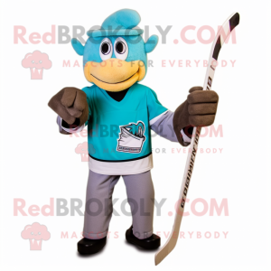 Turquoise Ice Hockey Stick mascot costume character dressed with a Corduroy Pants and Cufflinks