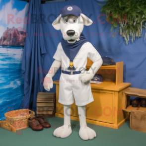 Navy Dog mascot costume character dressed with a Cargo Shorts and Shoe clips