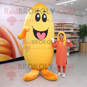 Peach Hot Dogs mascot costume character dressed with a Trousers and Hairpins