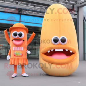 Peach Hot Dogs mascot costume character dressed with a Trousers and Hairpins