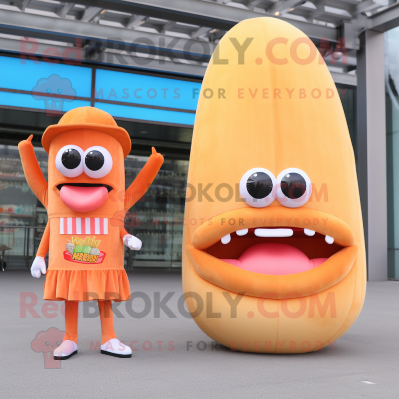 Peach Hot Dogs mascot costume character dressed with a Trousers and Hairpins Peach Hot Dogs mascot costume character dressed with a Trousers and Hairpins