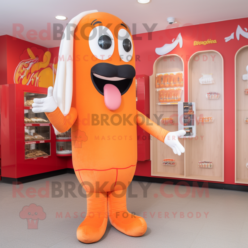 Peach Hot Dogs mascot costume character dressed with a Trousers and Hairpins