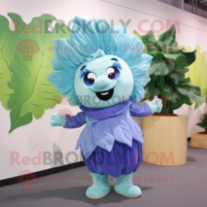 Sky Blue Cabbage Leaf mascot costume character dressed with a Culottes and Hairpins