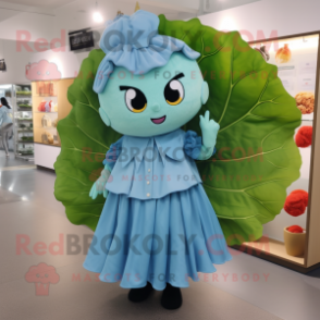 Sky Blue Cabbage Leaf mascot costume character dressed with a Culottes and Hairpins