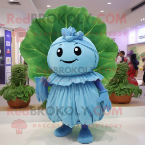 Sky Blue Cabbage Leaf mascot costume character dressed with a Culottes and Hairpins