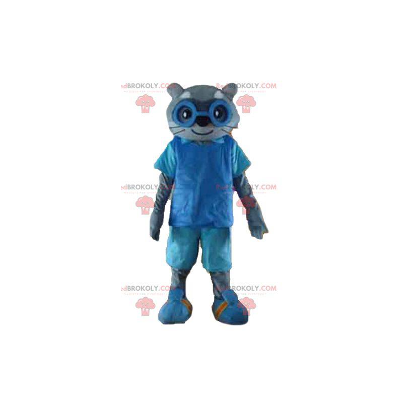 Mascote gato cinzento com roupa azul e óculos - Redbrokoly.com