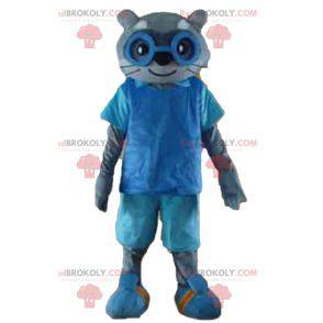 Mascote gato cinzento com roupa azul e óculos - Redbrokoly.com