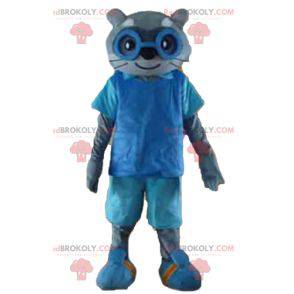 Mascotte de chat gris en tenue bleue avec des lunettes -