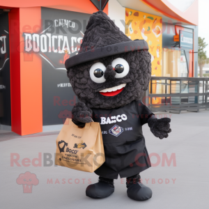 Black Nachos mascot costume character dressed with a Vest and Tote bags
