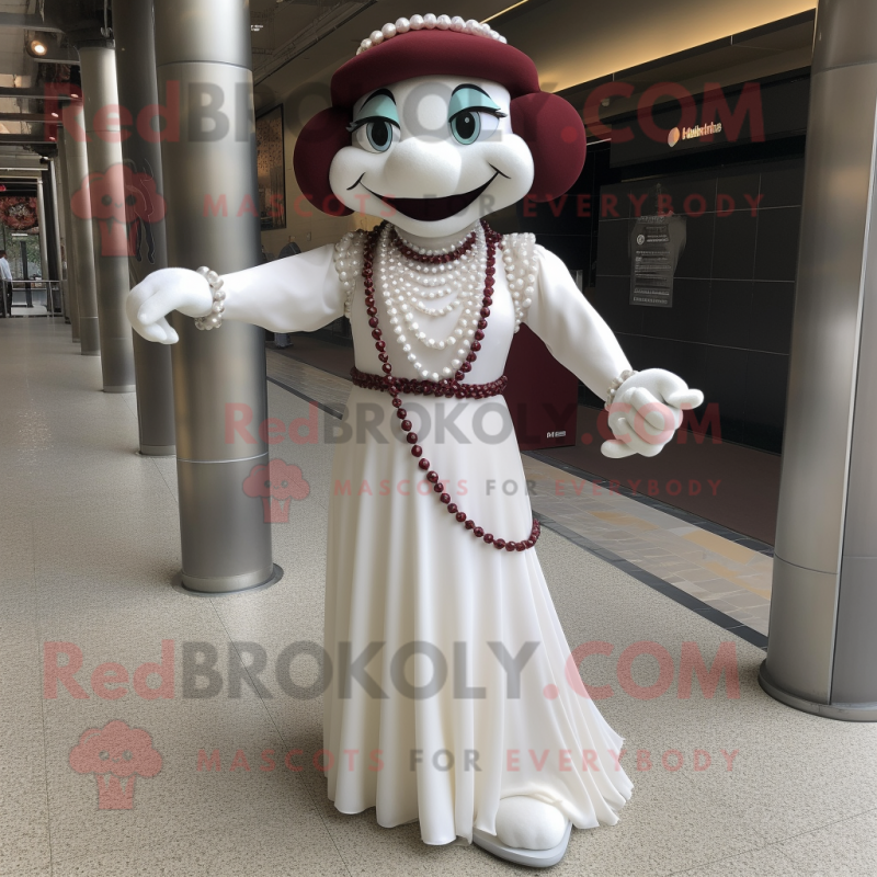 Maroon Mime mascot costume character dressed with a Wedding Dress and Necklaces Maroon Mime mascot costume character dressed with a Wedding Dress and Necklaces