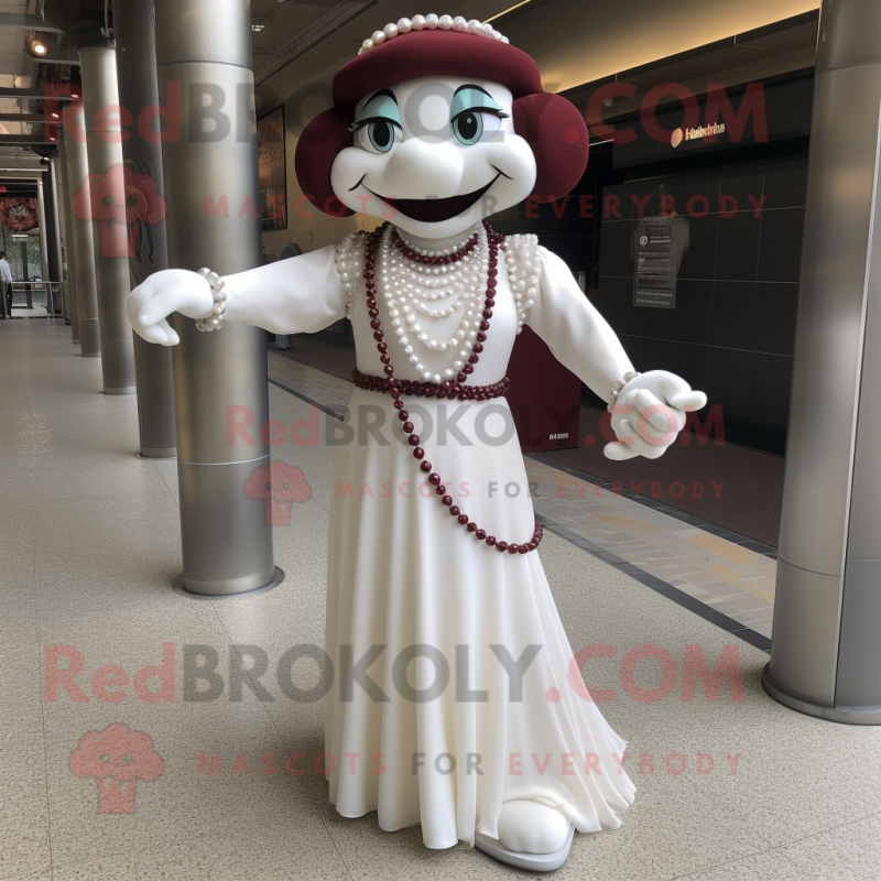 Maroon Mime mascot costume character dressed with a Wedding Dress and Necklaces