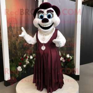 Maroon Mime mascot costume character dressed with a Wedding Dress and Necklaces