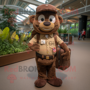 Brown Bracelet mascot costume character dressed with a Henley Shirt and Backpacks