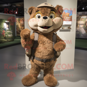 Brown Bracelet mascot costume character dressed with a Henley Shirt and Backpacks