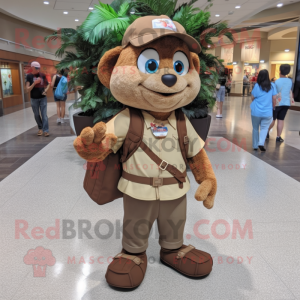 Brown Bracelet mascot costume character dressed with a Henley Shirt and Backpacks