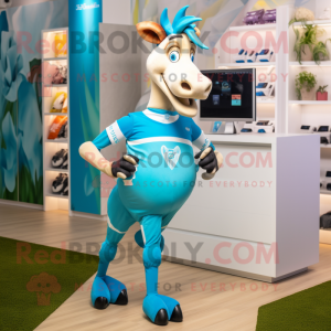 Sky Blue Okapi mascot costume character dressed with a Running Shorts and Smartwatches
