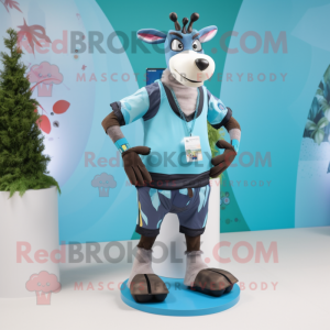 Sky Blue Okapi mascot costume character dressed with a Running Shorts and Smartwatches