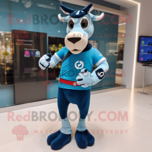 Sky Blue Okapi mascot costume character dressed with a Running Shorts and Smartwatches