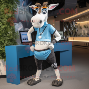 Sky Blue Okapi mascot costume character dressed with a Running Shorts and Smartwatches