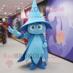 Sky Blue Witch'S Hat mascot costume character dressed with a Capri Pants and Clutch bags