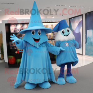 Sky Blue Witch'S Hat mascot costume character dressed with a Capri Pants and Clutch bags