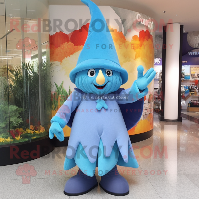 Sky Blue Witch'S Hat mascot costume character dressed with a Capri Pants and Clutch bags