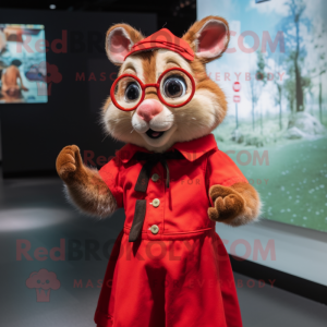 Red Dormouse mascot costume character dressed with a Dress and Eyeglasses