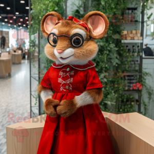 Red Dormouse mascot costume character dressed with a Dress and Eyeglasses