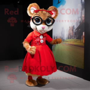 Red Dormouse mascot costume character dressed with a Dress and Eyeglasses